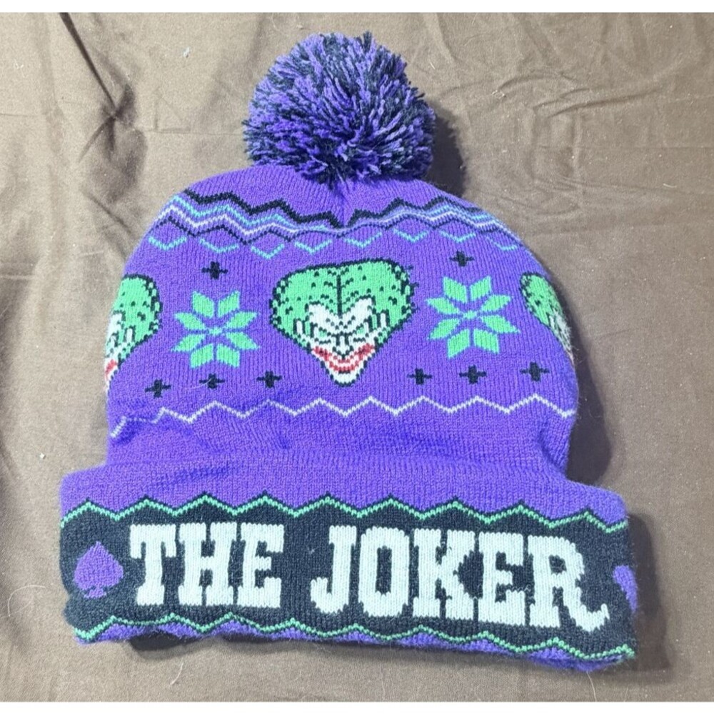 DC Comics Joker Beanie Hat Purple Knit One Size Fair Isle Graphic
